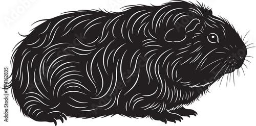 Detailed hatching style black and white drawing of a fluffy guinea pig side view showing texture and fur detail