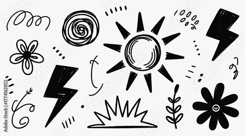 Doodle Sketch Pattern Featuring Abstract Elements Sun Flowers and Lightning