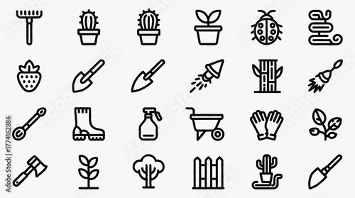 Gardening tools and elements icons line art collection vector design