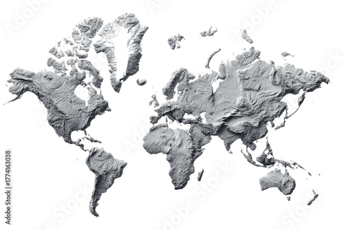 Textured 3 D world map relief in grayscale against black background globe earth, Isolated On Transparent Background, Png Cut Out