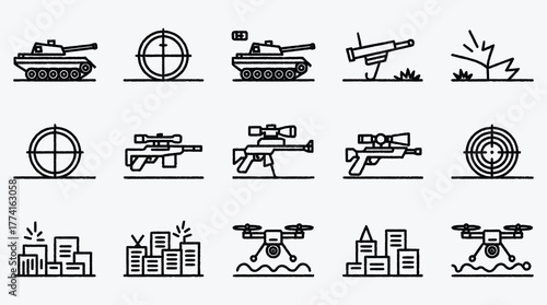 Military Conflict and Modern Warfare Vector Icon Set in Black Outline