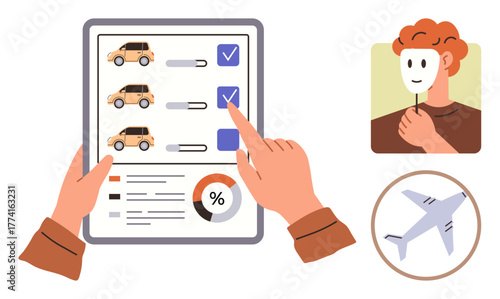 Hands selecting cars on survey, person holding identity mask, airplane representing travel choices. Ideal for decision-making, transportation, identity, travel, surveys options analysis. Simple