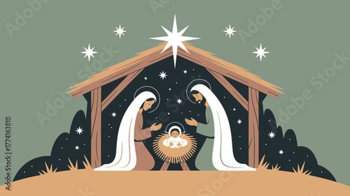 Serene Nativity scene depicts Holy Family with baby Jesus under a guiding star, evoking peace and tradition