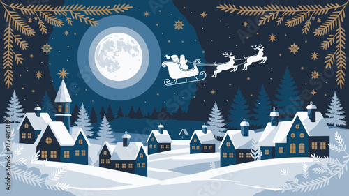 Magical Christmas Eve scene with Santa's sleigh flying over a snow-covered village under a luminous full moon and starry sky.