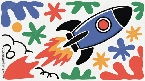 Blue Rocket Ship With Fiery Exhaust And Abstract Forms
