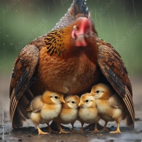 A protective brown hen shelters four small, fluffy yellow chicks under her wings from a light rainfall on a muddy, outdoor surface.