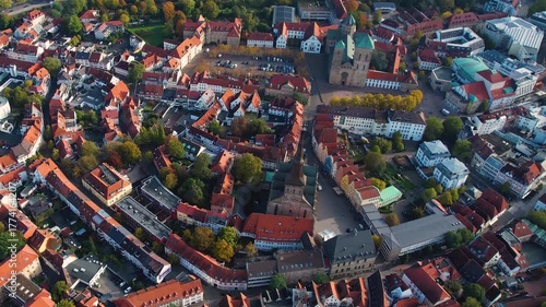 An aerial panorama view above the old town of the city Osnabrück on a sunny spring morning in Germany