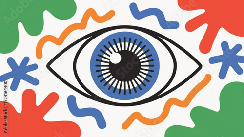 Stylized Eye Surrounded by Abstract Colorful Shapes Keywords: abstract, eye, blue, iris, black