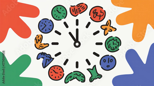 Whimsical Clock Face with Diverse Icons time abstract
