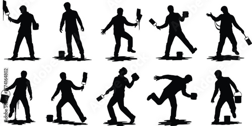 Silhouettes, painters, paintbrushes, paint cans, painting tools, dynamic poses, construction workers, home improvement, renovation, dripping paint, vector illustration