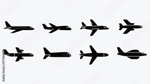 Collection of airplane icons in black silhouette against a white background