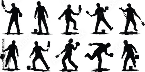 Silhouettes of Painters Holding Brushes and Paint Cans in Dynamic Poses on White Background