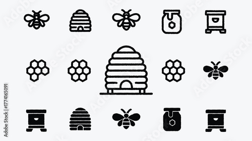 Minimalist Bee Honey and Beehive Icon Collection Set on White Background