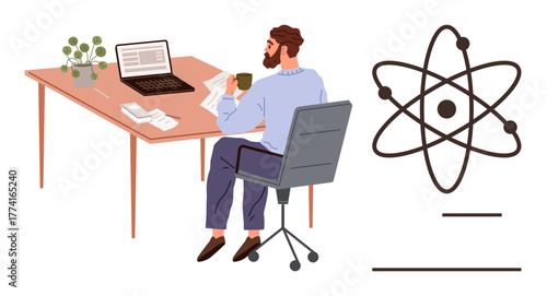 Man seated at desk reviewing documents with coffee near laptop, next to atomic orbit diagram. Ideal for science, research, technology, education, work-life balance, productivity, simple flat metaphor