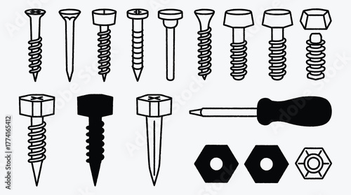 Screws and Nuts Collection Black and White Technical Illustration Style