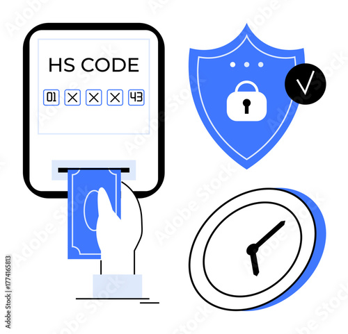 Digital HS code entry, hand inserting money, shield with lock for security, clock symbolizing time precision. Ideal for e-commerce, payment security, data protection, trade, fintech transactions