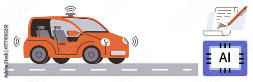 Self-driving car equipped with sensors driving on a road, AI chip signifying intelligence, and digital documentation automation. Ideal for technology, AI, innovation, automotive, automation