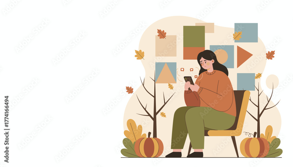 Fototapeta premium Stressed woman using smartphone in autumn sad social media addiction concept