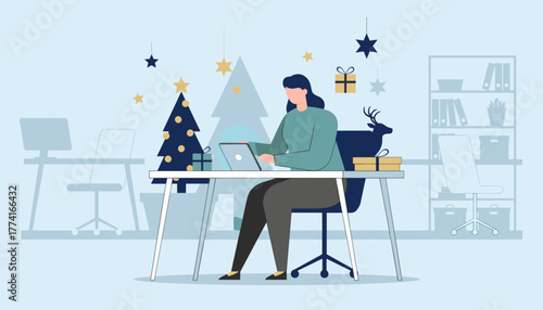 Employee working in a Christmas decorated office Holiday business and remote work concept