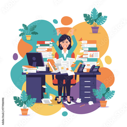 Angry office worker buried in paperwork Concept of stress workload and burnout