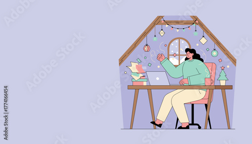 Woman working remotely in a festive attic office during winter celebrating success and productivity
