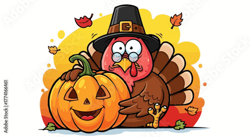 Cartoon turkey wearing a pilgrim hat and glasses, looking confused next to a carved jack-o'-lantern pumpkin with autumn leaves.