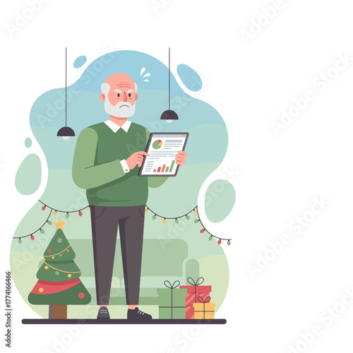 Worried senior man reviews financial data on tablet during stressful holiday spending