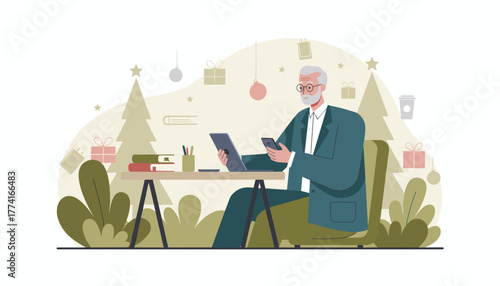 Senior man working on laptop and phone during the Christmas holidays Remote business concept