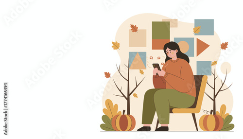 Stressed woman using smartphone in autumn sad social media addiction concept