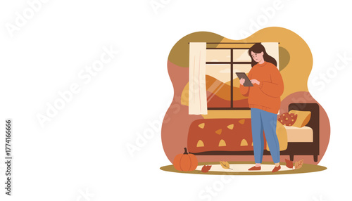 Woman in cozy sweater uses tablet near window during autumn illustrating fall relaxation and technology
