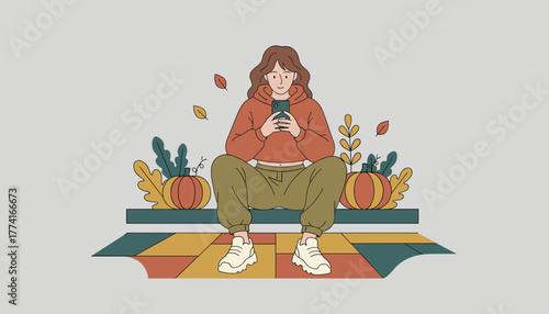 Casual young woman using phone surrounded by pumpkins and autumn decor Fall seasonal lifestyle illustration
