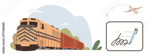 Freight train on tracks, airplane in flight, and a signed document. Ideal for logistics, transportation, global trade, commerce, delivery agreements connection. Simple flat metaphor