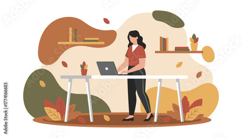 Woman working on laptop in a cozy autumnal home office Remote work and business concept illustration
