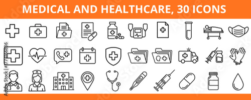 Medical and healthcare icons in flat design style on orange background  