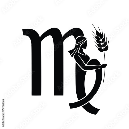 virgo astrology zodiac symbol vector illustration representing maiden with wheat, simple black line icon for horoscope and astrological chart art design