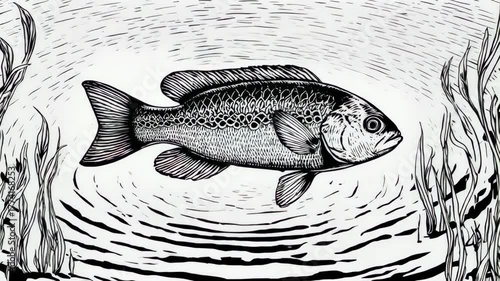 A black and white woodcut of a fish swimming in water with vegetation