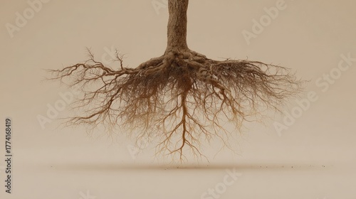 Tree upside-down; roots spread against a pale background, small shadow cast