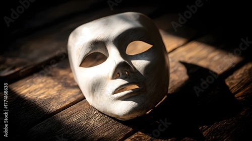 White theatrical disguise rests dramatically illuminated upon aged wooden planks
