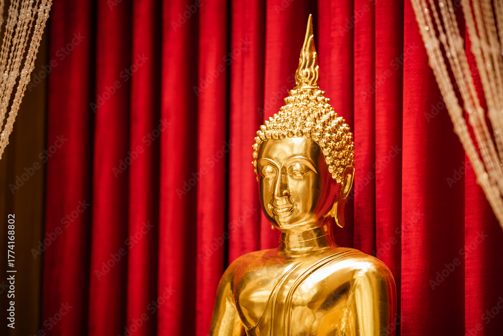 Fototapeta premium Brightness golden Buddha is sitting meditation in front of red scarlet curtain.
