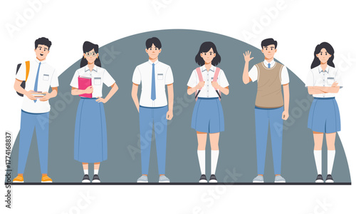 Character Illustration of High School Students Standing in Uniform