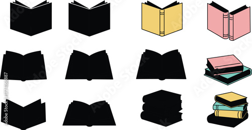 Black and white and colorful book illustrations, open and closed books, stacked books, reading icons, education design, literature, study, learning, library