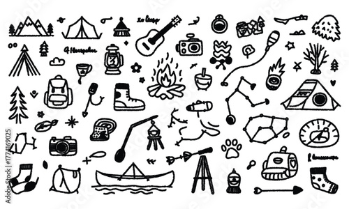 Hand drawn camping doodles illustration in black and white vector