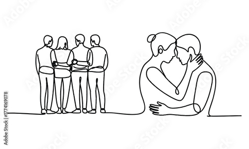 One Line Art Drawing of Couple Embracing and Group Supporting