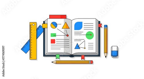 Open book with educational charts and math tools flat design
