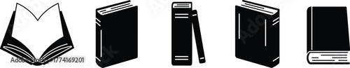 Black and white book icons, open book illustration, closed book design, educational symbol, reading concept, library graphic, literature collection, publishingBlack and white book icons, open book 