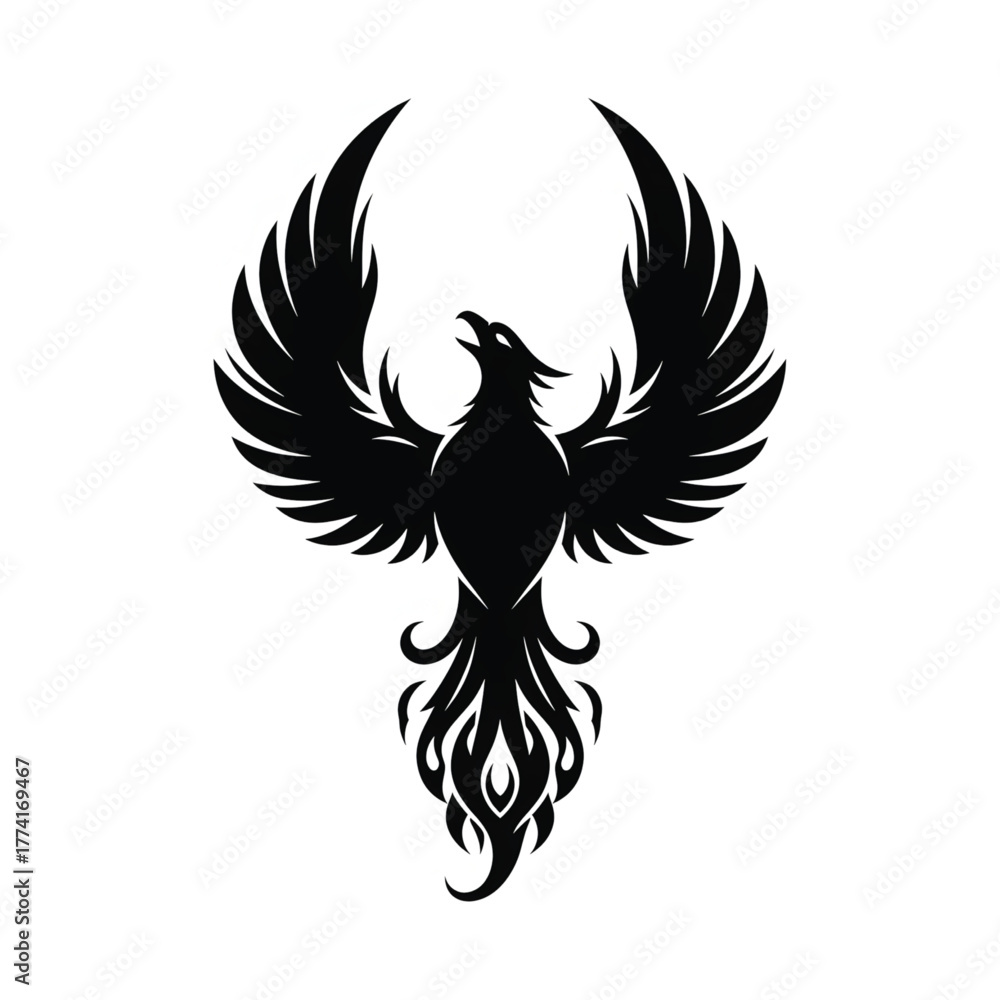 Obraz premium A majestic phoenix rises with outstretched wings in a dramatic black silhouette illustration