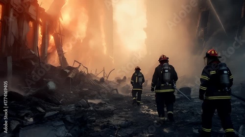 A vivid portrayal of a catastrophic event, likely a firefight or explosion, with a firefighter in the foreground. The firefighter is wearing a fullbody uniform with a helmet and breathing apparatus.
