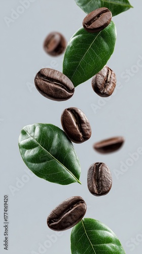 Falling coffee beans and green leaves on light background, studio shot