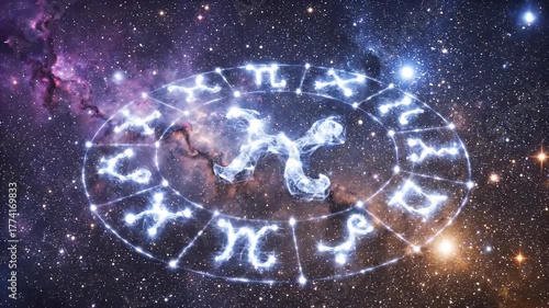A celestial zodiac wheel with astrological symbols glowing against a backdrop of a colorful nebula and stars in deep space.