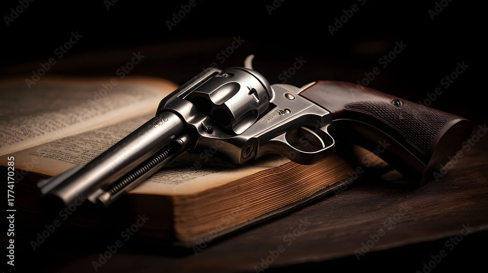 Obraz premium Metallic firearm rests upon the open pages of an aged book under dramatic lighting